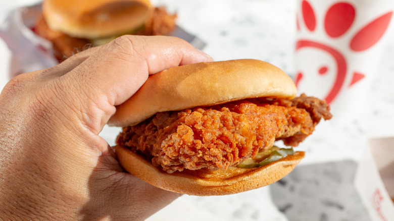 Close up of person holidng Chick-fil-A chicken sandwich
