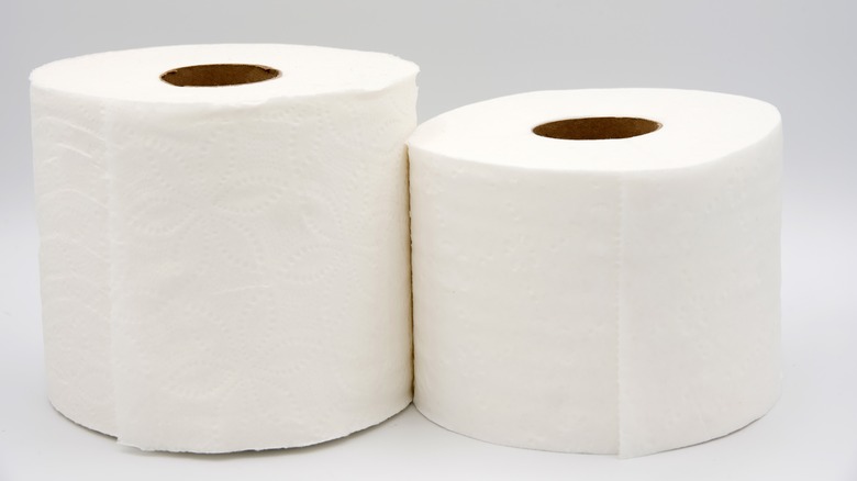 comparison of shorter toilet paper roll besides taller roll