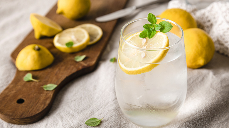 Glass of lemonade with lemon slices