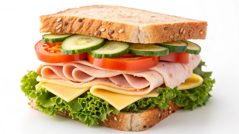 Deli sandwich with cold, unmelted slices of cheese