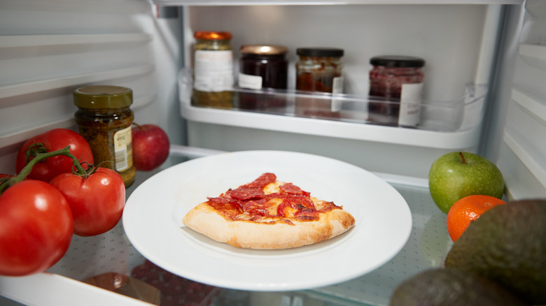 Slice of pizza on plate in refrigerator
