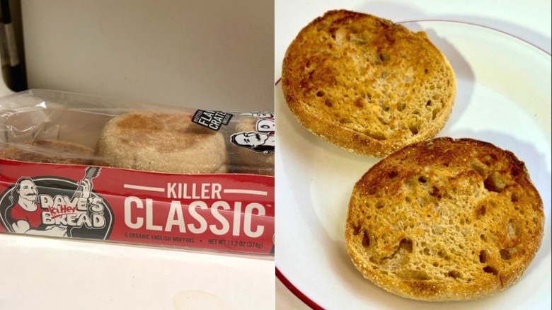 Side by side photos of a package of Dave's Killer Bread Killer Classic English Muffins and a toasted muffin on a plate