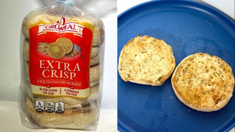Side by side photos of a package of Oroweat Extra Crisp English Muffins and a toasted muffin on a blue plate