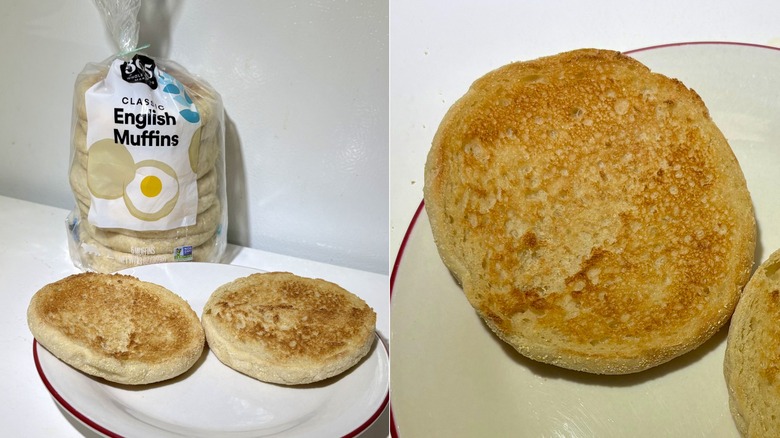 Side by side photos of a package of 365 by Whole Foods Market Classic English Muffins with a toasted English muffin on a plate and a close-up of a slice of English muffin