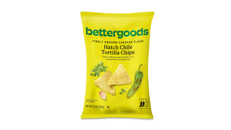 A bag of Bettergoods Cassava Flour Hatch Chile Tortilla Chips on a white background