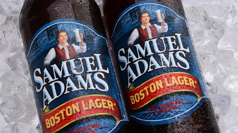 Bottles of Samuel Adams Boston Lager up close on ice