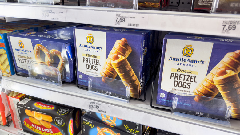 Auntie Anne's Classic Pretzel Dogs in a frozen foods case at the grocery store