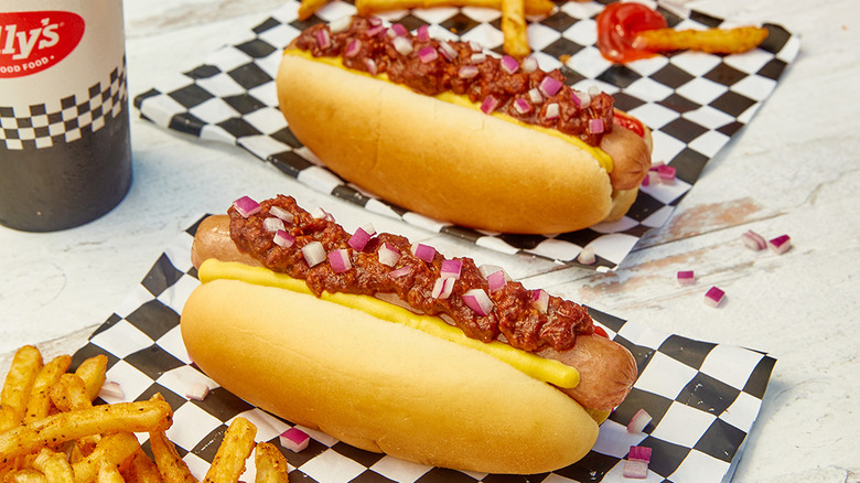A chili dog on a white background