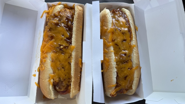 Wienerschnitzel chili hot dog placed on wrapper