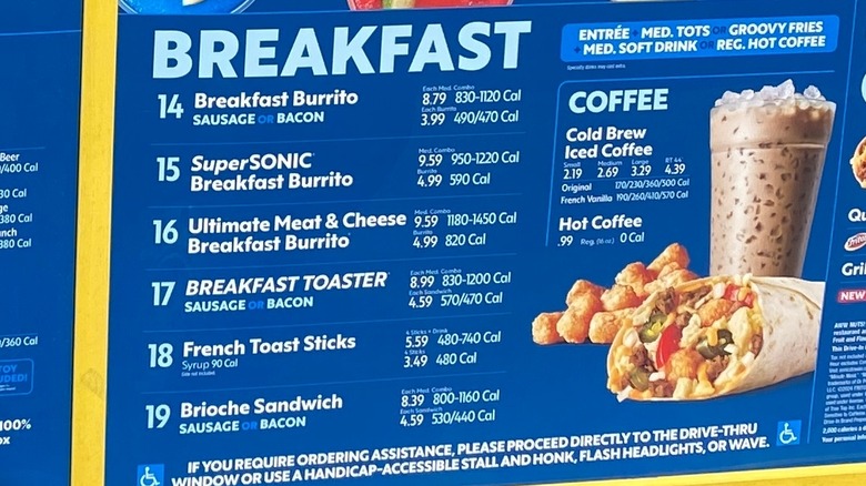 The breakfast section of a Sonic Drive-Thru menu featuring breakfast burritos