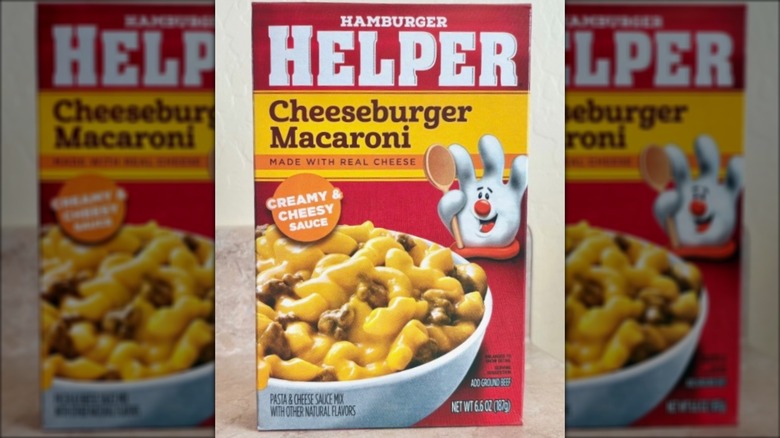 Box of Hamburger Helper Cheeseburger Macaroni on counter