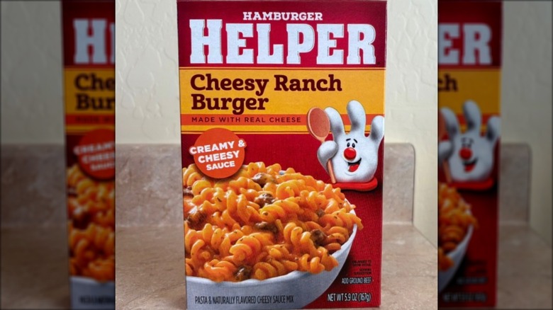 Box of Hamburger Helper Cheesy Ranch Burger on counter