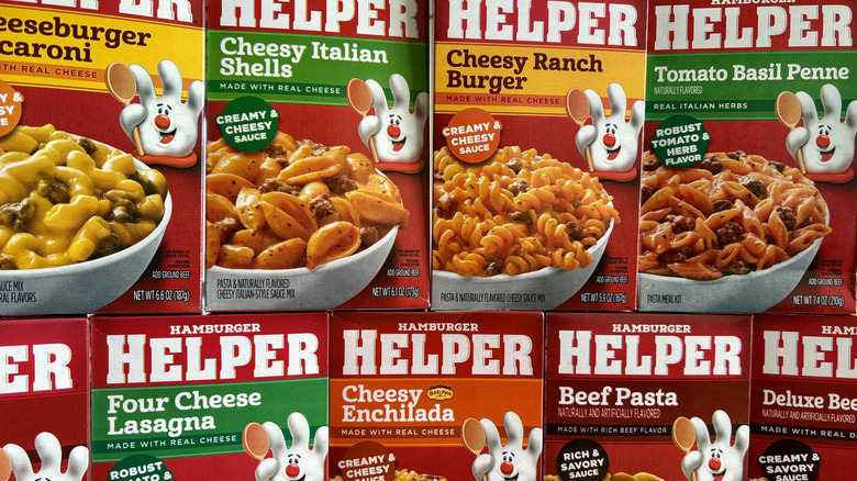 Close-up of various Hamburger Helper boxes