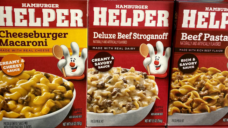 Close-up of various Hamburger Helper boxes