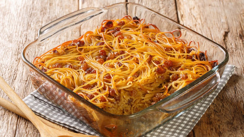 Noodle kugel in a glass casserole dish