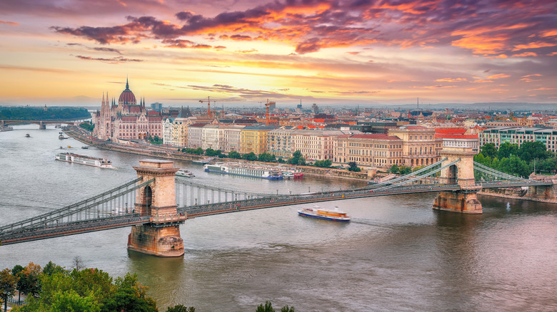A landscape shot of the Danube river and the city center of Budapest.