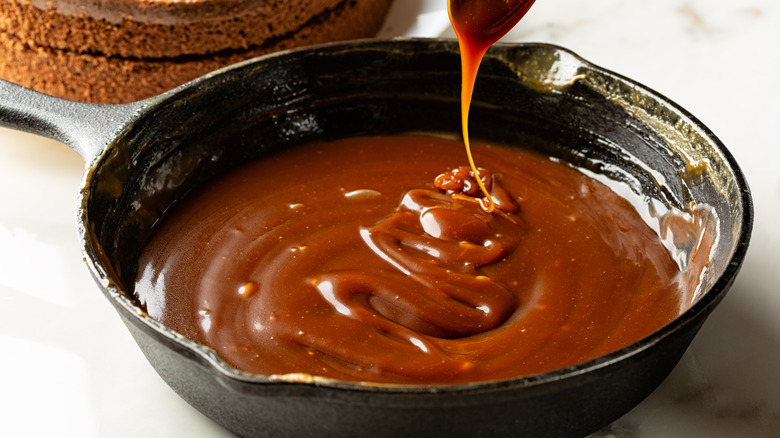 Skillet of caramel sauce