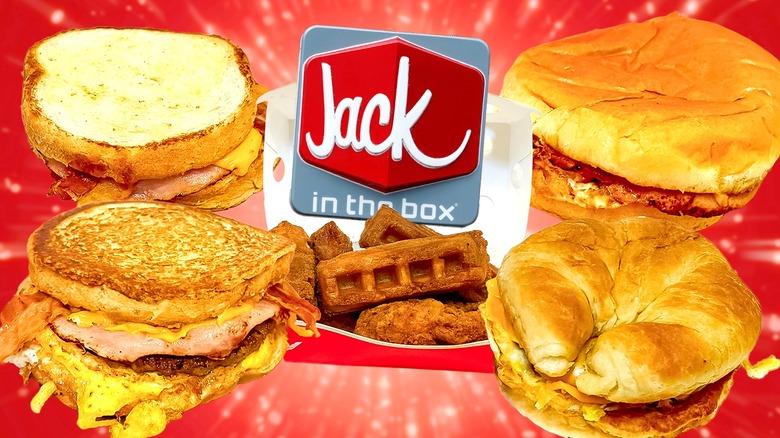 Nine Jack in the Box breakfast items in a group