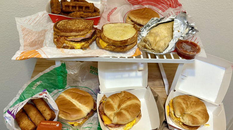 A group of Jack in the Box breakfast items on two different levels