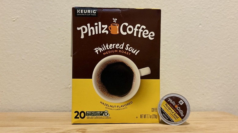 A box of Philz Coffee Philtered Soul K-Cups, next to a single coffee pod