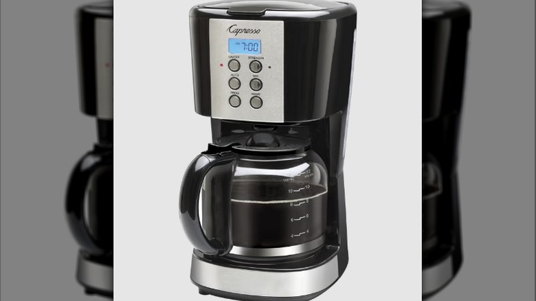 The Capresso 12 Cup Programmable Coffee Maker with a black finish and glass carafe
