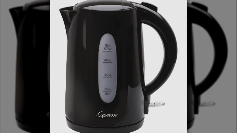 The Capresso Electric Water Kettle in black with an ergonomic handle.