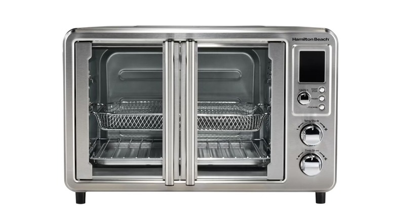 Hamilton Beach 14-in-1 Dual Air Fryer Oven with French Doors in a stainless steel finish.