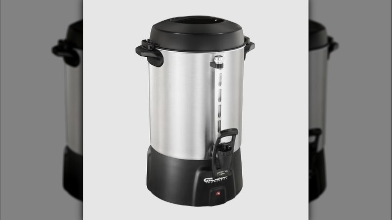 Proctor Silex Commercial Coffee Urn with a stainless steel finish, black lid, and black base.