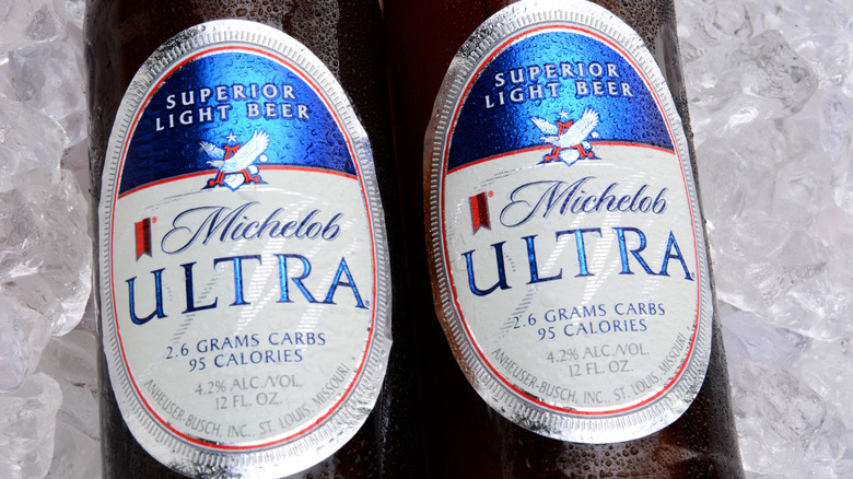 Close-up of two bottles of Michelob Ultra on a bed of ice