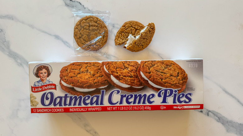 Oatmeal Creme Pies on marble surface
