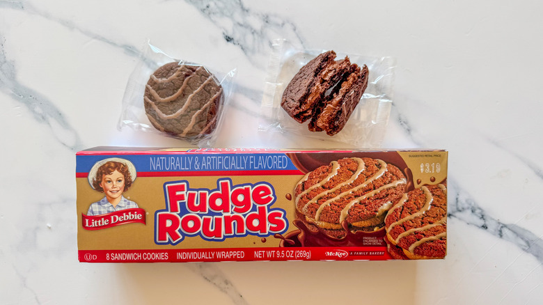 Fudge Rounds with cake on marble surface
