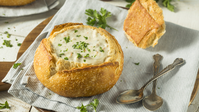 New England clam chowder in a bread bowl