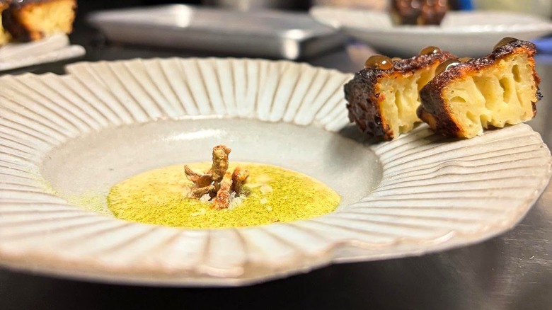 Schwa soup with two pieces of bread on plate