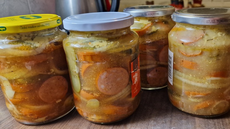 Jars of Czech pickled sausage
