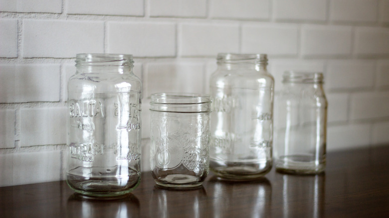 Row of mason jars on countertop