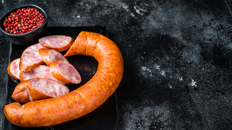 Polish sausage on black countertop