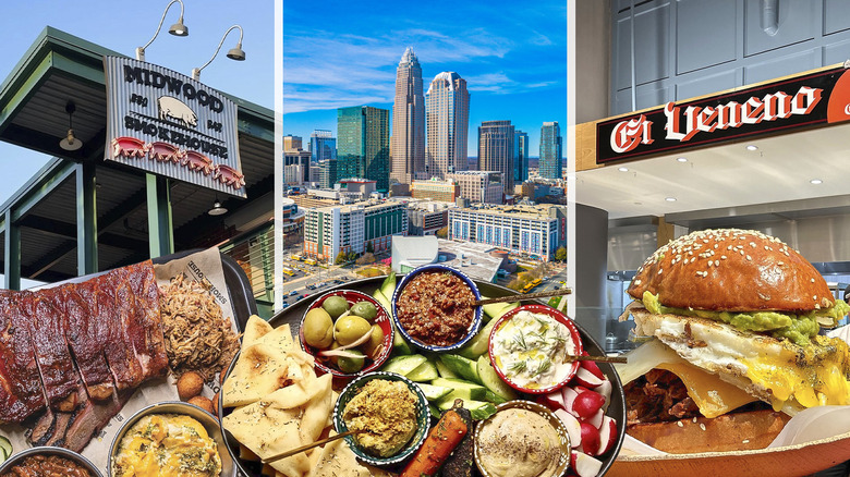 Dishes from El Veneno Taco and Midwood Smokehouse next to the city skyline