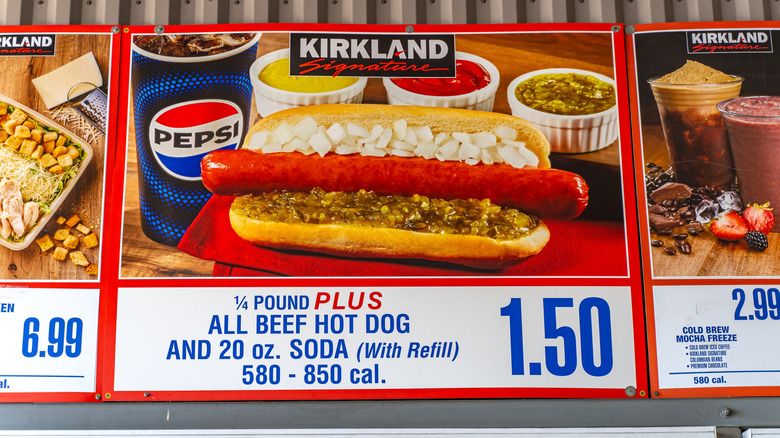 Hot dog food court sign at Costco showing a picture of the hot dog and the price