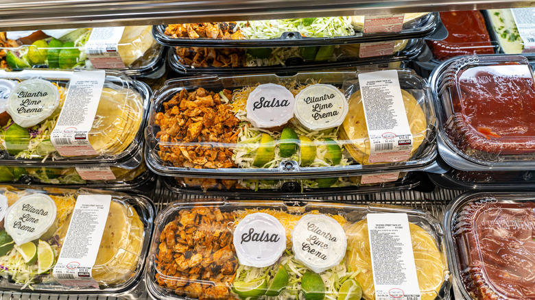 Packages of Kirkland Signature Chicken Street Tacos at a Costco deli