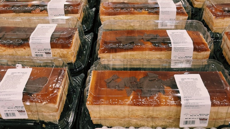 Packages of Kirkland Signature Caramel Tres Leche Cake Bar at a Costco warehouse