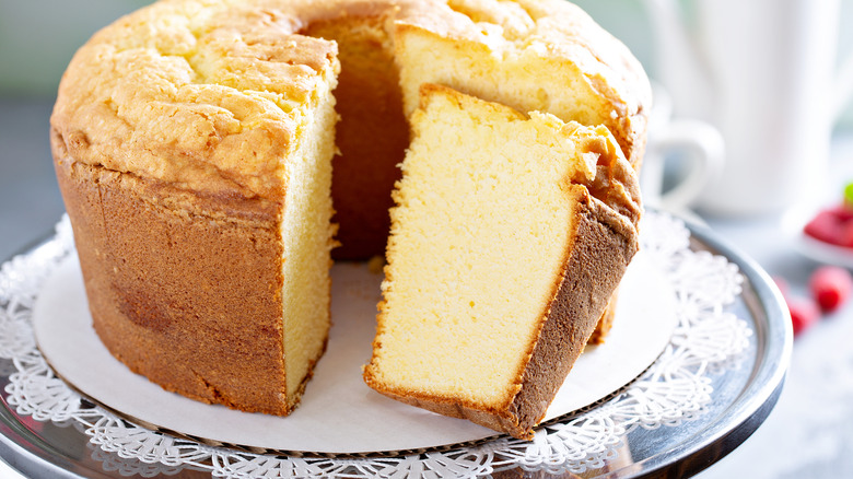 Angel food cake on a metal stand