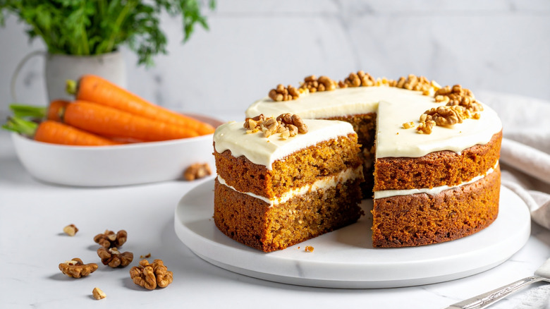 Carrot cake with walnuts on top and a bowl of carrots in the background