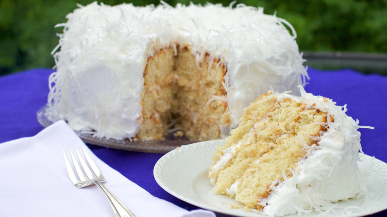 Close up of coconut cake with coconut topping