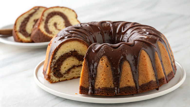 Marble cake topped with chocolate icing