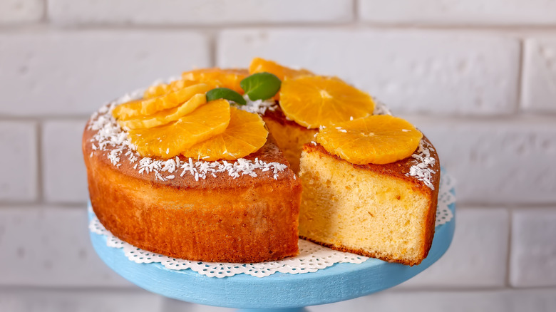 Chiffon cake with orange slices as garnish