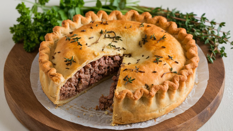 a tourtière, a classic French Canadian meat pie with a single pie slice cut out of it to expose a cross-section on a wooden turn-table with fresh basil and thyme in the background