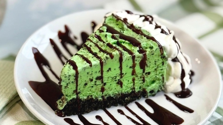 grasshopper pie with oreo on white plate