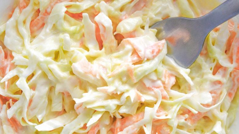 A closeup of creamy coleslaw