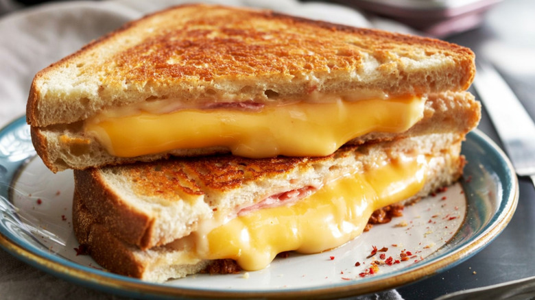 A sandwich with melted cheese sitting atop a plate