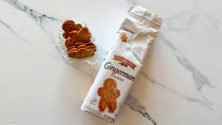 Gingerman Ginger cookies on marble countertop